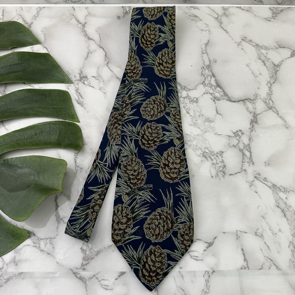 Valentino Mens Vintage 90s Neck Tie Blue Green Pinecone Pine Tree Silk